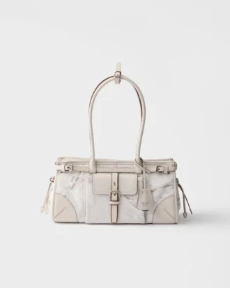 Bolso mediano de lino estampado y cuero Bonnie de Prada