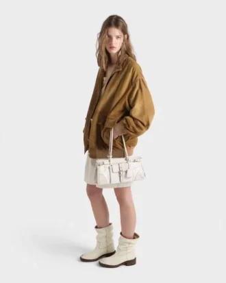 Bolso mediano de lino estampado y cuero Bonnie de Prada