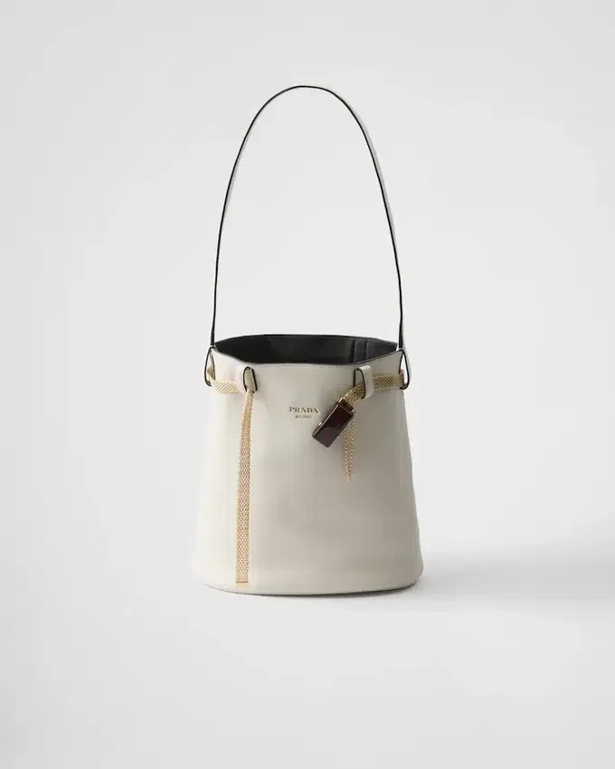Bolso tipo cubo de cuero con hebilla de Prada y cinturón con joyas Bolso tipo cubo de cuero con hebilla de Prada y cinturón con joyas