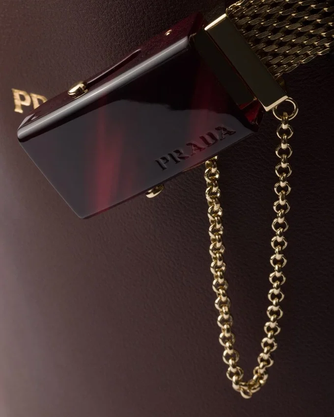 Bolso tipo cubo de cuero con hebilla de Prada y cinturón con joyas Bolso tipo cubo de cuero con hebilla de Prada y cinturón con joyas