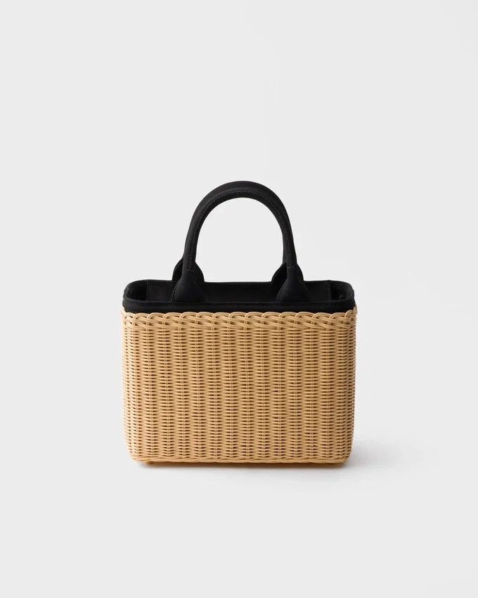 Bolso tote mediano de mimbre y lona Bolso tote mediano de mimbre y lona