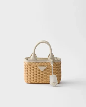 Bolso tote mini de mimbre y mezcla de lino