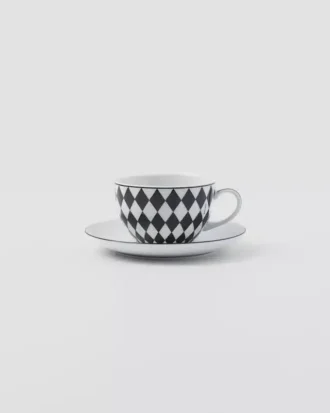 Juego de dos tazas de capuchino de porcelana – Tablero de ajedrez