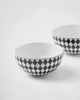 Juego de dos tazones de sopa de porcelana – Tablero de ajedrez