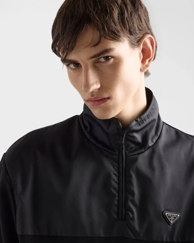 Sudadera de felpa de algodón con media cremallera y detalles de Re-Nylon Sudadera de felpa de algodón con media cremallera y detalles de Re-Nylon