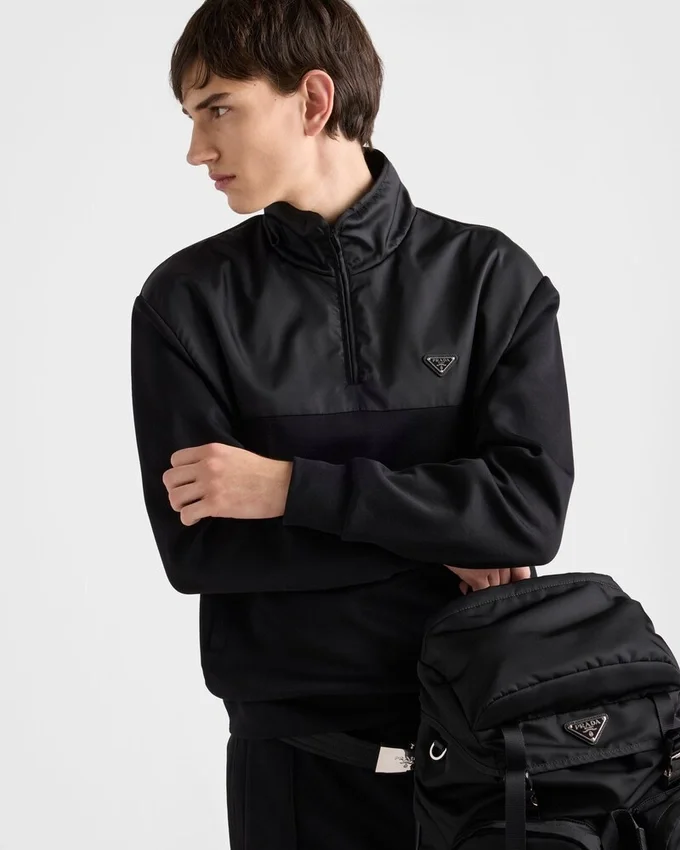 Sudadera de felpa de algodón con media cremallera y detalles de Re-Nylon Sudadera de felpa de algodón con media cremallera y detalles de Re-Nylon