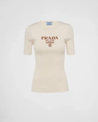 Suéter de seda de cuello redondo con logotipo Suéter de seda de cuello redondo con logotipo