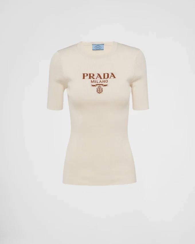 Suéter de seda de cuello redondo con logotipo Suéter de seda de cuello redondo con logotipo