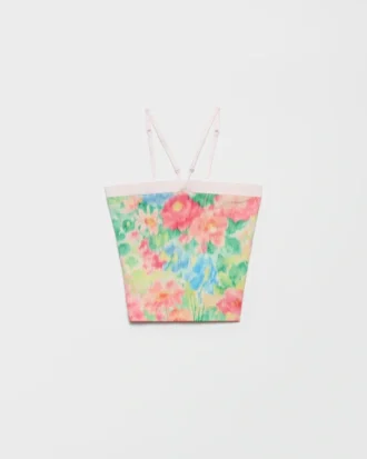 Top de algodón de punto acanalado con estampado floral